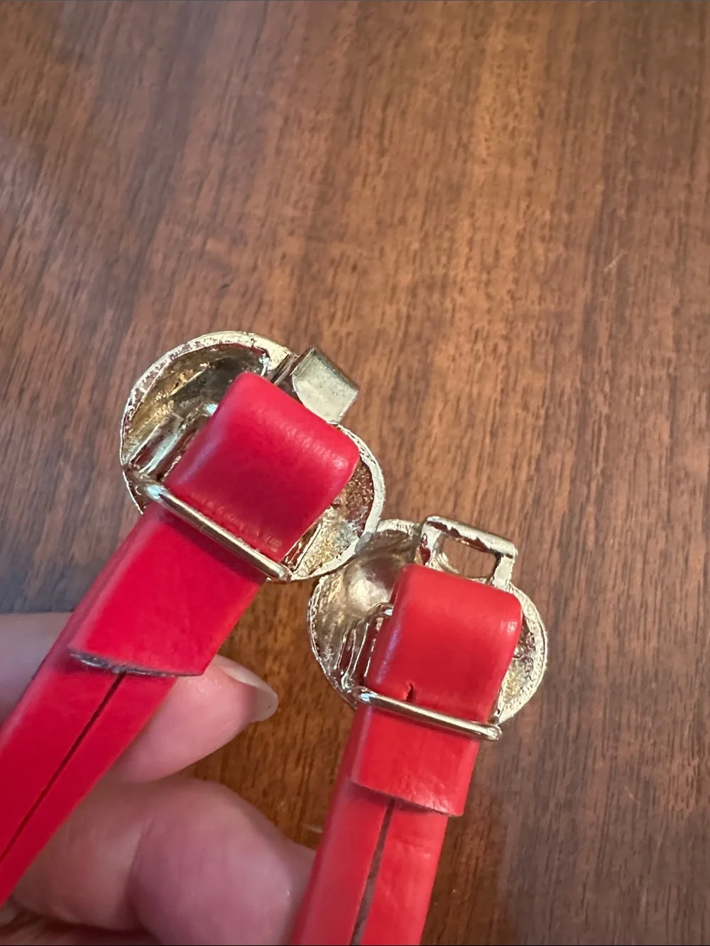 Vintage 80s Thin‎ Red Leather Belt with Gold Shell Buckle